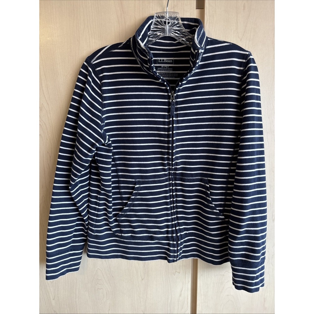 LL Bean Full-Zip Mock-Neck Jacket Stripe Navy Blue Womens Medium Petite M PET